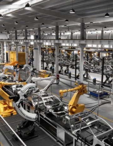 High angle view of cars on production line in factory. Many robottic arms doing welding on car metal body in manufacturing plant. Image in 3D render.